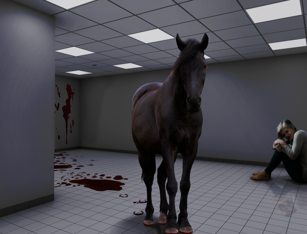 Sammenkopi af en dæmonhest, der raserer et kontormiljø.