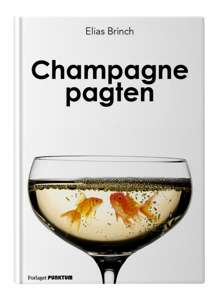 Sammenkopi af guldfisk i et champagneglas. Opsat i Indesign så det ligner en bogforside. Bogtitlen er "Champagne pagten".