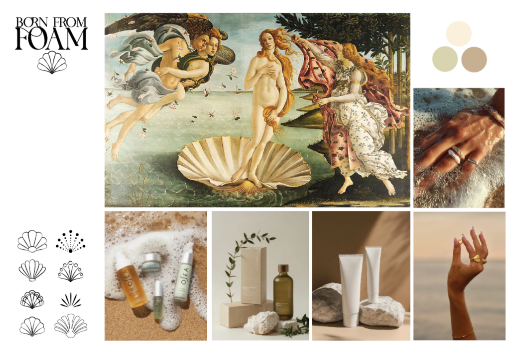 Moodboard til brandet "Born from Foam". Indeholder bl.a. Botticelli's "Birth of Venus".